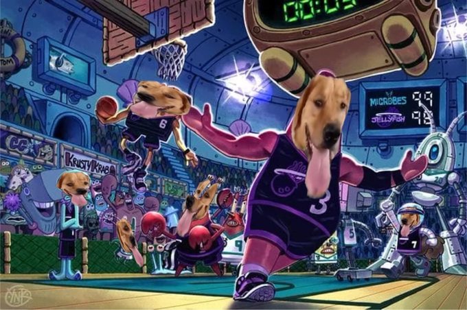 A surreal basketball game features anthropomorphic dogs playing on a court, with the scoreboard showing "MICROBES 99" and "JELLYFISH 99," while a "Krusty Krab" sign and other pop-culture references fill the chaotic stadium backdrop. The vivid, meme-like artwork aligns with the post's humor of enjoying the bizarre, loop-worthy scene upon waking up.