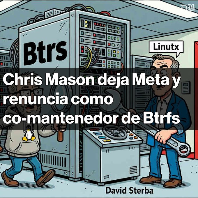 Cartoon depicting two men working on a 'Btrfs' computer server, with text reading 'Chris Mason deja Meta y renuncia como co-mantenenedor de Btrfs', labeling them with 'Linuex' and 'David Sterba'.