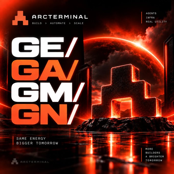 Promotional graphic for 'ARCTERMINAL' with the slogan 'BUILD > AUTOMATE > SCALE' and 'SAME ENERGY BIGGER TOMORROW', featuring large stylized text reading 'GE/GAV/GM/GN/' against a fiery red sci-fi background with a planet and 3D castle-like structure.