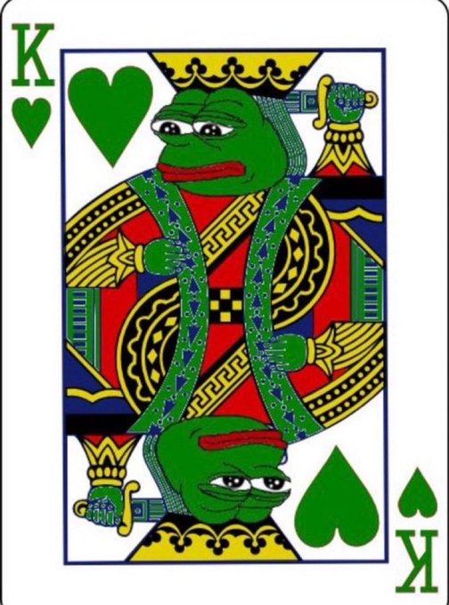 A King of Hearts playing card redesigned with Pepe the Frog as the king's face, featuring the "K" and heart suit symbols. The meme merges the classic playing card format with the iconic Pepe character, tying directly to the post's reference to $PEPE.