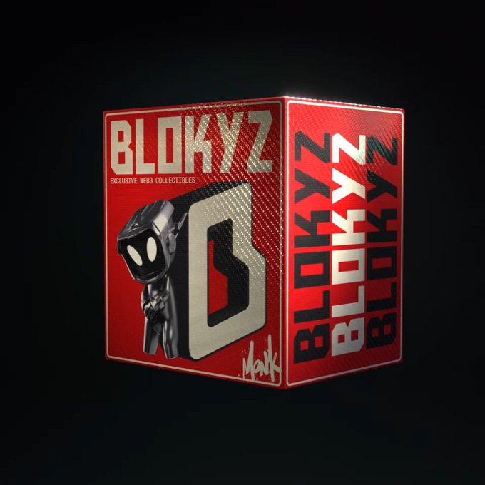 A red 'BLOKYZ' mystery box featuring a stylized character mascot and the letter 'B', described as containing 'EXCLUSIVE WEBS COLLECTIBLES'.