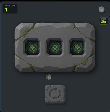 A screenshot of a digital puzzle game showing a stone-like panel with three glowing green hexagonal slots, with "SPINS LEFT 1" and "BEST 24" displayed on the screen.