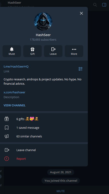 A Telegram channel info page for 'HashSeer' (178,693 subscribers) described as 'Crypto research, airdrops & project updates. No hype. No financial advice.' with a join date of August 28, 2021.