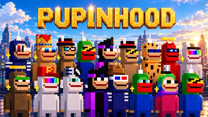 A pixel art group photo titled 'PUPINHOOD' featuring a Minecraft-style city skyline and various blocky avatars, including recognizable country flag skins and a rainbow-themed character.