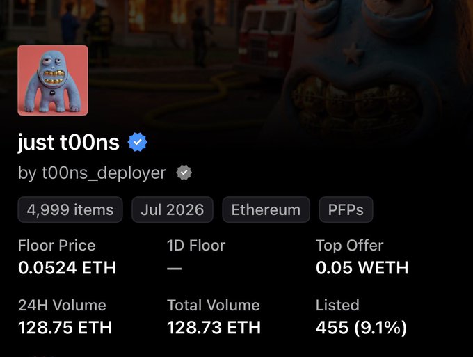 OpenSea profile for the 'just t00ns' collection by t00ns_deployer, featuring 4,999 items minted in Jul 2026 with a floor price of 0.0524 ETH and 455 listed (9.1%).