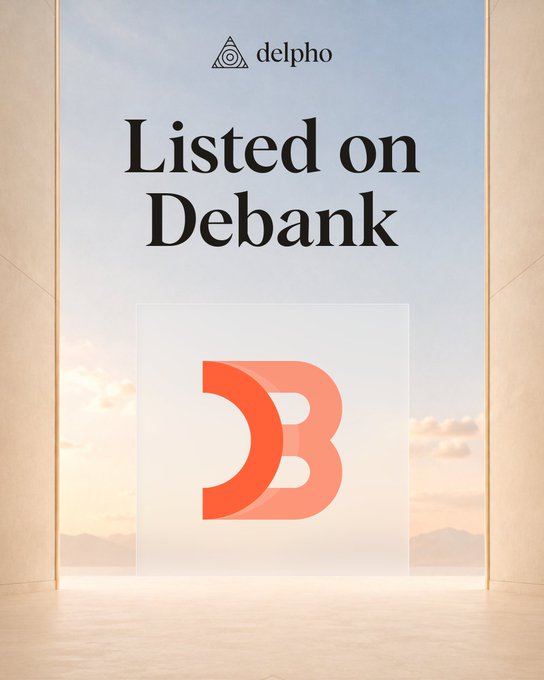A promotional graphic with the 'delpho' logo announcing 'Listed on Debank,' featuring the red Debank logo against a sky and window background.