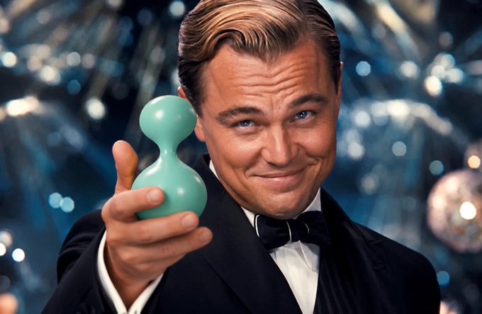 A digitally altered image resembling Leonardo DiCaprio's character Jordan Belfort from 'The Wolf of Wall Street,' holding up a small teal vase with a smirking expression against a sparkly background.