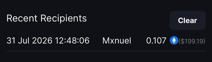 This image shows a recent recipient named "Mxnuell" who received 0.107 ETH ($199.19) on 31 Jul 2026. This likely confirms the "$200 sent" mentioned in the accompanying post.