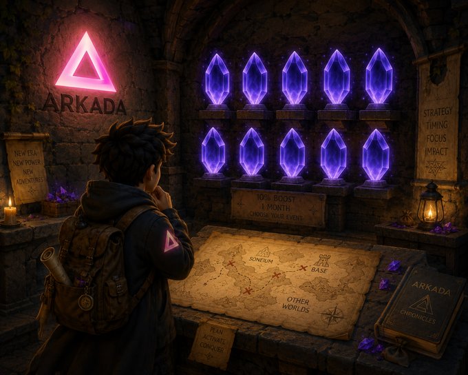 A digital illustration of a character in a hooded cloak looking at a display of purple crystals in a stone chamber branded "ARKADA," featuring a map marking "SOMEUM," "SUO BASE," and "OTHER WORLDS," along with text like "STRATEGY TIMING FOCUS IMPACT" and "+10% BOOST / 1 MONTH."