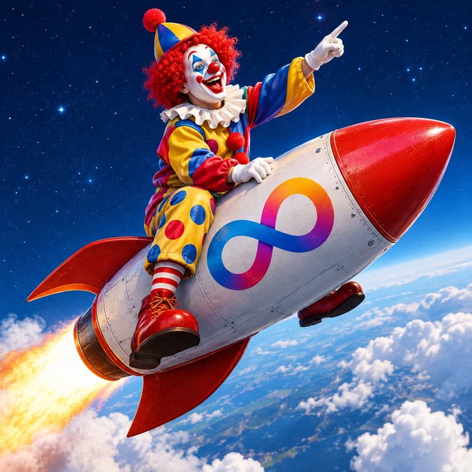 Whimsical image of a colorful clown riding a white rocket with a red nose cone and an infinity-style logo, flying through clouds into space.