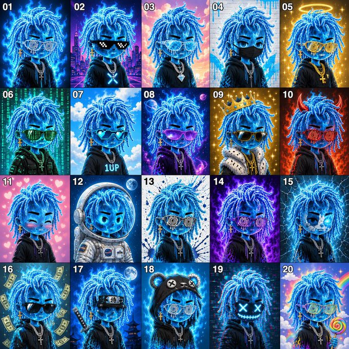 A grid of 20 numbered NFT-style profile picture designs featuring a blue cartoon character with dreadlocks in various themed variations, including different accessories, backgrounds, and outfits. Each tile is labeled "01" through "20," presenting the collection as a purchasable NFT set for use as a profile picture.
