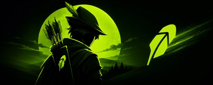 A stylized illustration of a hooded archer with a quiver of arrows, silhouetted against a large green moon with green arrow symbols floating in the scene.