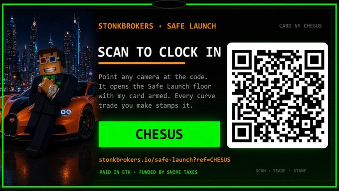 A promotional graphic from StonkBrokers featuring a Minecraft-style character in a tuxedo standing next to an orange Bugatti, advertising their "Safe Launch" platform for the $CHESUS card. The image includes a QR code and the URL "stonkbrokers.io/safe-launch?ref=CHESUS," promoting a referral-based launch event tied to the $CLOCKIN coin drop mentioned in the post.