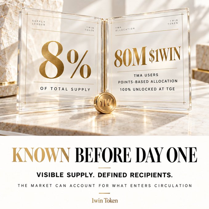 A transparent acrylic display showcases "8% OF TOTAL SUPPLY" and "80M $1WIN" allocated to TMA users, fully unlocked at TGE, with a gold 1WIN coin, accompanied by the tagline "KNOWN BEFORE DAY ONE — VISIBLE SUPPLY. DEFINED RECIPIENTS."
