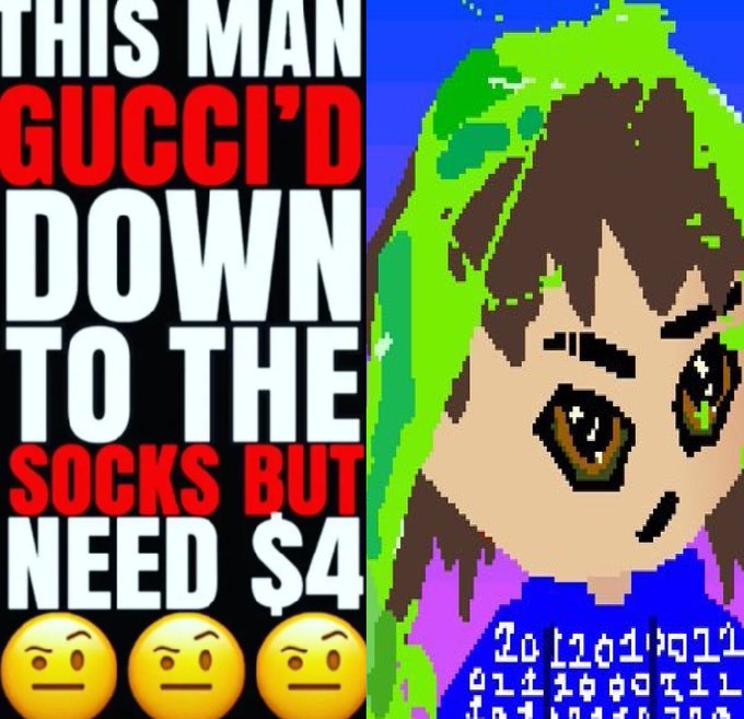 A pixel art meme showing an anime-style character with text reading 'THIS MAN GUCCI'D DOWN TO THE SOCKS BUT NEED $4' along with some indecipherable symbols and three thinking face emojis.