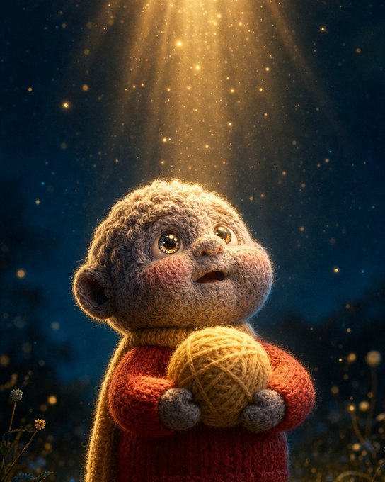 A small, fluffy knitted creature in a red sweater gazes up in wonder at a cascade of golden starlight, holding a ball of yarn. The whimsical, dreamy illustration pairs perfectly with the heartfelt giveaway post for the $BOBBY token, capturing the cozy, hopeful spirit of the crypto community.