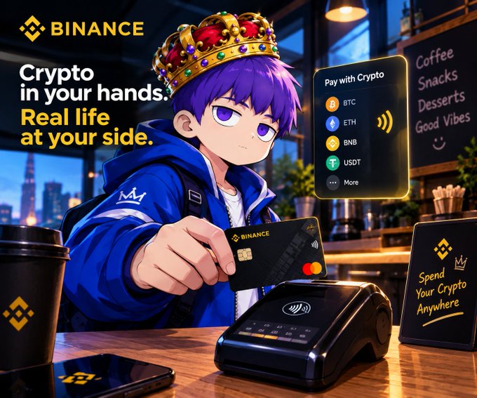 An anime-style character wearing a crown holds a Binance card at a payment terminal, with visible text "BINANCE," "Crypto in your hands. Real life at your side," and crypto tickers BTC, ETH, BNB, and USDT, illustrating the post's theme of using a Binance crypto card for everyday spending.