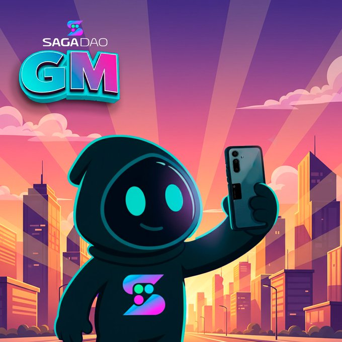 A colorful promotional graphic for 'SAGADAO GM' featuring a black robot mascot holding a smartphone against a sunset cityscape.