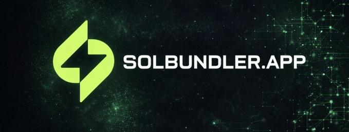 A dark graphic with a green circuit-board pattern displays a lime green logo and the text "SOLBUNDLER.APP".