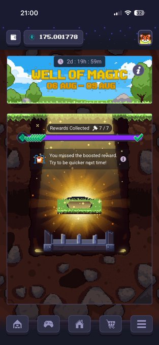 A mobile game screen showing the 'Well of Magic' event (August 6-9) where 7 out of 7 rewards have been collected, noting that the boosted reward was missed.