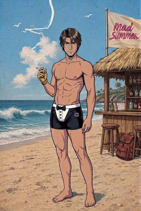 An anime-style illustration of a muscular man in tuxedo-print swim trunks smoking on a beach near a tiki hut with a "Mad Summer" flag, with a backpack and bar stools nearby.