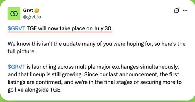 A tweet from Grvt (@grvt_io) announcing that $GRVT TGE will now take place on July 30, with details about multiple major exchange listings launching simultaneously.