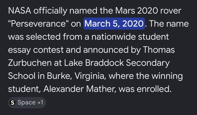 An informational text stating NASA officially named the Mars 2020 rover 'Perseverance' on March 5, 2020, selected from a student essay contest, with the winning student Alexander Mather from Lake Braddock Secondary School in Burke, Virginia.