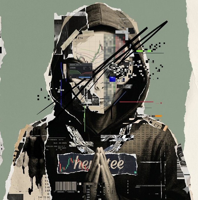 The image features an abstract portrait of a person wearing a hoodie, with a face drawn on it using black lines and shapes. The background of the image is green, which contrasts with the black elements of the portrait. The caption below the image reads "happy arafah day, fam. may Allah make it a blessed day for everyone interesting how @quipnetwork is not trying to build “the next chain. their focus is on securing the chains that already exist before quantum computing becomes a real threat to current cryptography".