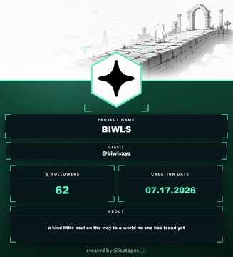 A promotional profile card for the NFT project "BIWLS" (@biwlsxyz), featuring a monochromatic illustration of a figure on a stone path, with stats showing 62 followers and a creation date of 07.17.2026, accompanied by the tagline "a kind little soul on the way to a world no one has found yet." The image aligns with the post's callout of @biwlsxyz as one of several projects worth securing whitelist access for.