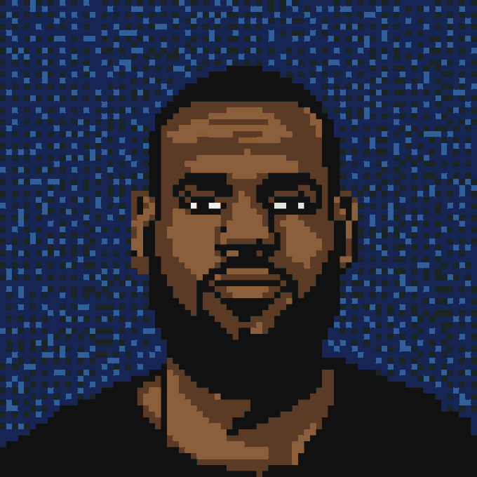 A pixel art portrait of a man with a beard against a dark blue pixelated background.