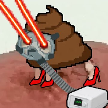 A pixel art illustration shows a brown, fluffy figure wearing red high heels and a metal face mask shooting red laser beams from its eyes, connected to a digital controller.