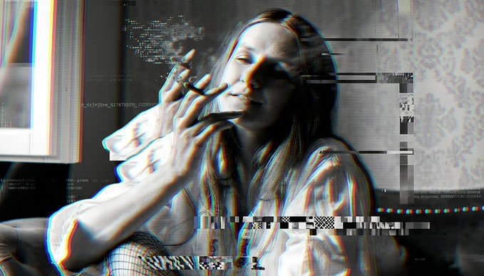 A stylized, glitch-effect portrait of a woman smoking a cigarette, overlaid with digital distortion and code-like visual artifacts.