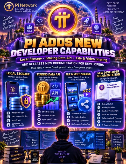 A promotional graphic for Pi Network announces new developer capabilities including Local Storage, Staking Data API, and File & Video Sharing, highlighting that "PI ADDS NEW DEVELOPER CAPABILITIES" alongside the release of new documentation for developers building on the platform.