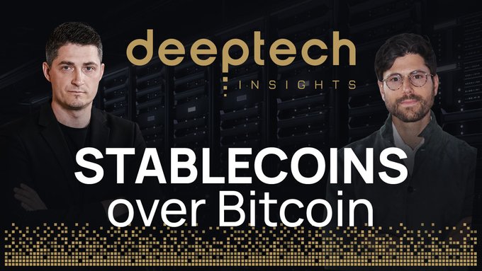 A podcast or video thumbnail titled 'deep tech INSIGHTS' featuring two men and the headline 'STABLECOINS over Bitcoin'.