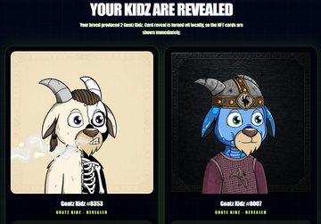A graphic titled 'YOUR KID ARE REVEALED' displays two cartoon goat characters with the text 'Goatz Ride +8323' and 'Goatz Ride +8007', promoting a meme cryptocurrency.