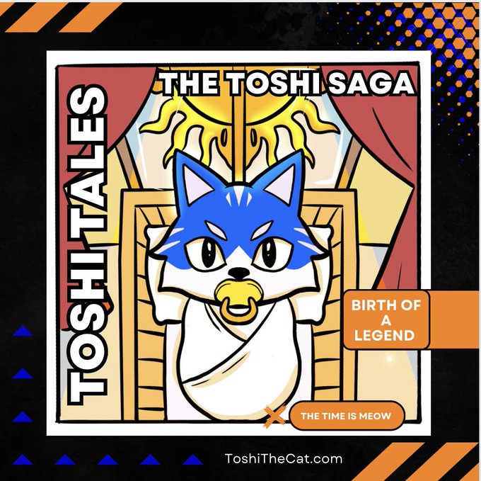 The image is a promotional graphic for "Toshi Tales: Birth of a Legend - The Time is Meow," featuring a cartoon blue and white cat character with a pacifier swaddled in cloth, set against a regal stained-glass background, with "ToshiTheCat.com" displayed at the bottom.

This image relates to the post about Coinbase Wallet's history and prominence in the crypto space, as part of the Toshi Tales series highlighting the origins and significance of key players in the cryptocurrency ecosystem.