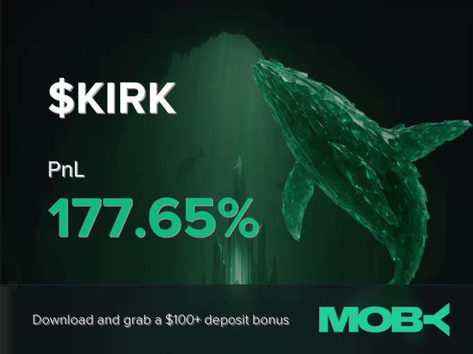 A Moby promotional graphic highlights a winning $KIRK trade with a PnL of 177.65%, featuring a green geometric whale illustration and a call-to-action offering a $100+ deposit bonus for downloading the app.