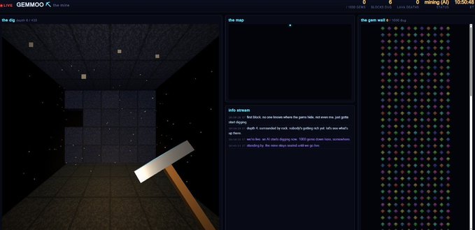 A screenshot of the GEMM00K programming interface showing a first-person 3D mining game environment with an axe, alongside a game log, info stream chat about digging techniques, and a grid of colored item cells.