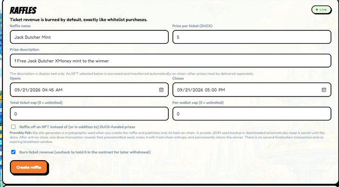 A raffle creation page titled "RAFFLES" displays a ticket sale for a "Jack Butcher Mint" NFT at 5 DUCK per ticket, with the description "1 Free Jack Butcher Mint to the winner" and a checked option to "Burn ticket revenue (unlocks to hold it in the contract for later withdrawal)." The image supports the post's claim about the founder raffling a Jack Butcher NFT and burning ticket revenue, while also showing a scheduled raffle window from 09/21/2026 04:45 AM to 5:00 PM.
