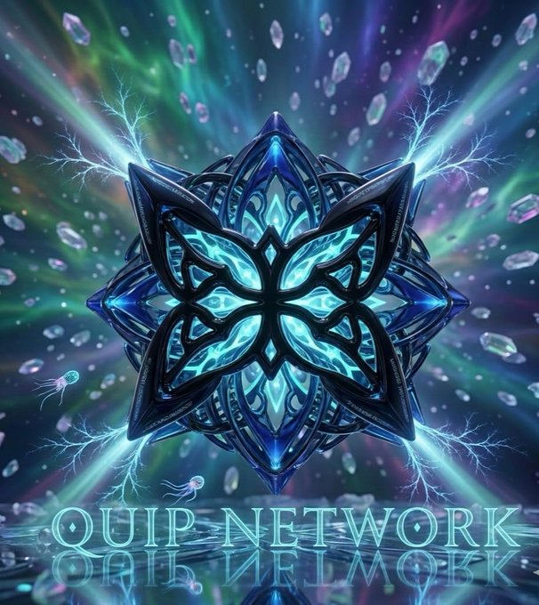 Futuristic glowing emblem with a star/lotus design in cyan and blue light, surrounded by lightning effects, labeled 'QUIP NETWORK' at the bottom.