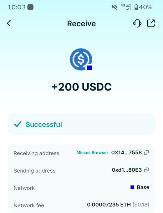 A mobile screenshot of a successful crypto transaction showing a +200 USDC receipt on the Base network, with a network fee of 0.00007235 ETH ($0.18) — celebrating another small Web3 win as mentioned in the post.