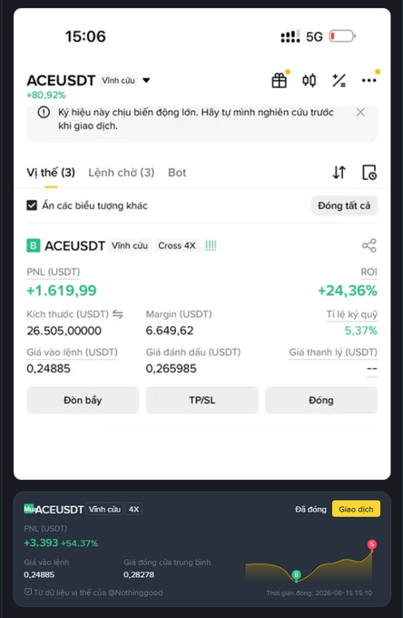 A cryptocurrency trading app screenshot in Vietnamese showing an ACEUSDT perpetual contract position with +80.92% gain, displaying metrics including PNL of +1,619.99 USDT, ROI of +24.36%, and leverage of 4X.