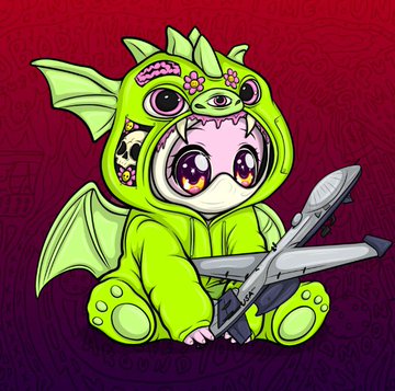 A cute cartoon illustration of a baby character wearing a green three-eyed dragon/dinosaur hoodie and holding a fighter jet, set against a dark red background.