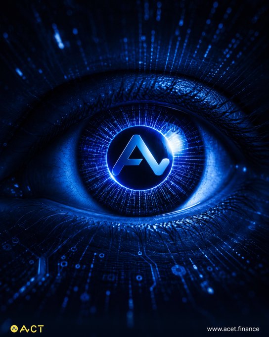 A stylized blue eye with circuit-like patterns features the ACET logo in its iris, symbolizing visionary insight. The branding "AvCT" and "www.acet.finance" appear at the bottom, reinforcing the futuristic theme of the $ACT token and ACET SocialFi Network.