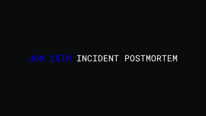A stark black screen displays the text "JUN 25TH INCIDENT POSTMORTEM" in monospace font, with the date highlighted in blue, serving as a header for the reported analysis of Base's block production outages.