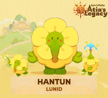 The image features three cartoon characters - two small ones and one large one - standing next to each other against a yellow background with green accents. The text "Hantun" is written above them, while the word "Lunid" appears below them. The characters are positioned in such a way that they appear to be facing towards the viewer, creating an engaging visual experience.