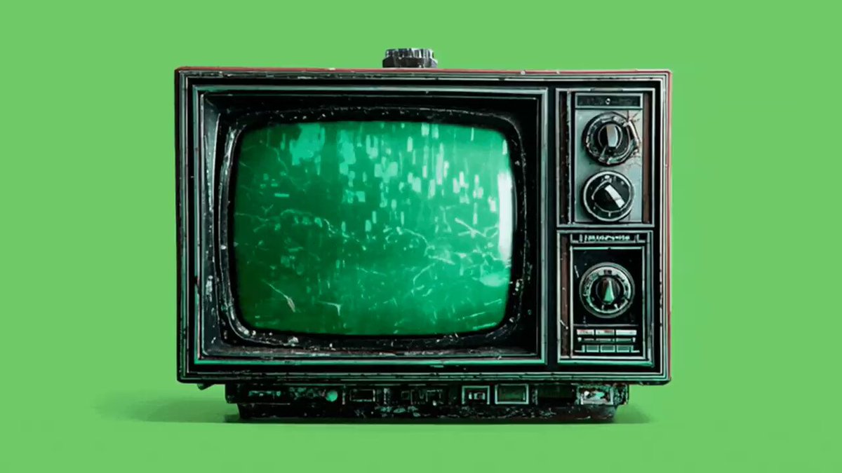 The image features an old television set sitting against a green background, which contrasts with its black frame. The TV appears to be turned off or muted, suggesting that it might not be functional at the moment. The surrounding area seems to be a green space, possibly a park or garden, adding a touch of nature to the scene.