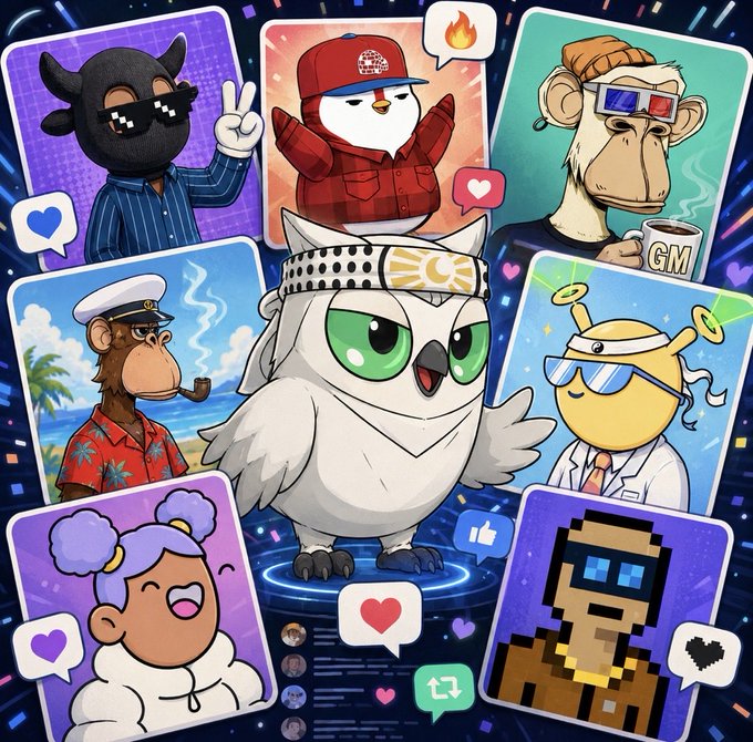 A vibrant collection of NFT avatar characters in trading card style, featuring various animals like whales, monkeys, and a central owl wearing a keffiyeh, surrounded by social media interaction icons.