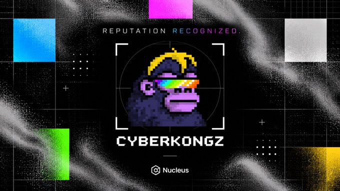 The same promotional graphic as the previous image, showing the pixelated gorilla with rainbow sunglasses, 'REPUTATION RECOGNIZED', 'CYBERKONGZ', and 'Nucleus' text.