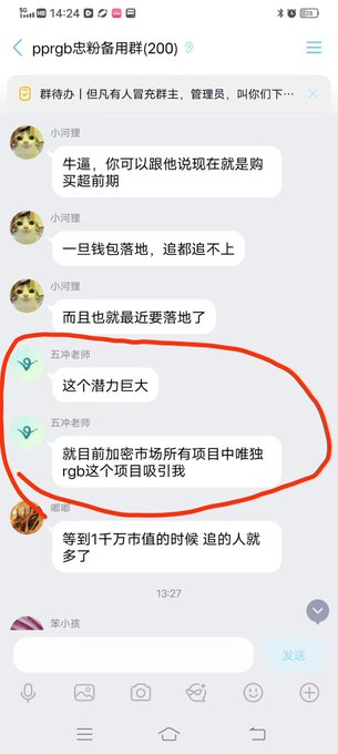A screenshot of a Chinese chat group conversation where one user's messages are circled in red, praising a project with '巨大' potential and stating '就目前加密市场所有项目中唯独rgb这个项目吸引我'.